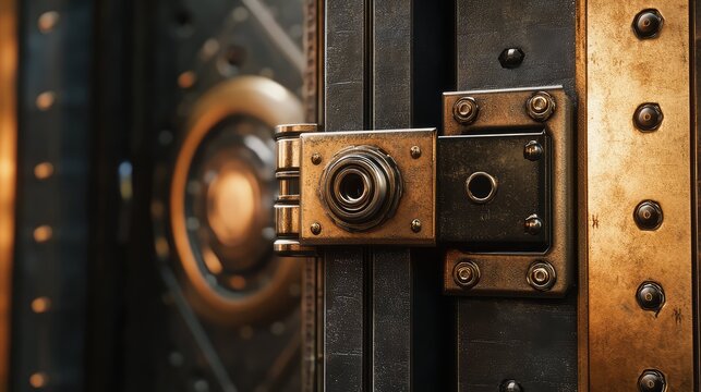 Heavy metal vault door lock mechanism detail