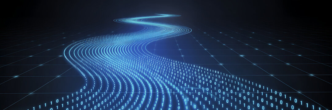 Futuristic blue binary code data stream flowing in a wavy pattern on a dark grid background with glowing lines and numbers