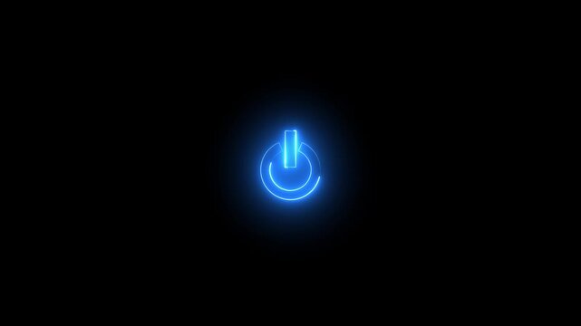 Glowing neon blue color power button icon animation technology shutdown screen turn on off button stop startup computer and mobile phone electric futuristic on black background 