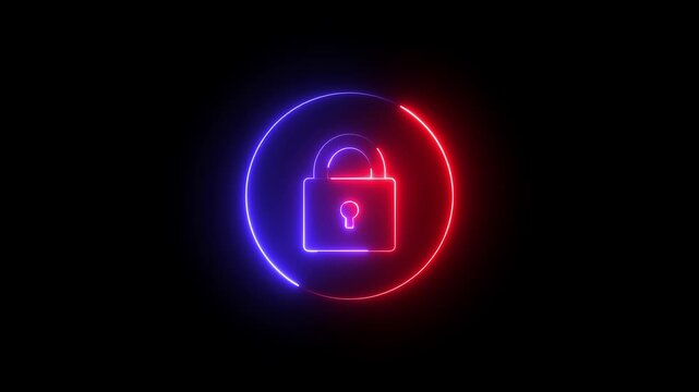 Glowing neon red and blue color security lock icon animation encryption privacy protection secret padlock icon on black background