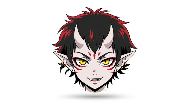 Anime demon character with sharp teeth and yellow eyes.