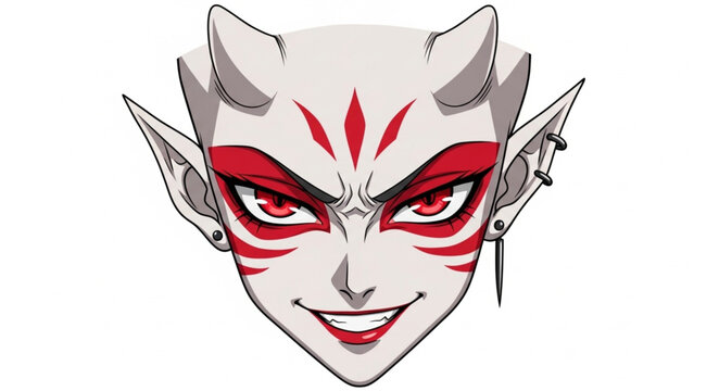 Anime demon face with red markings and horns.