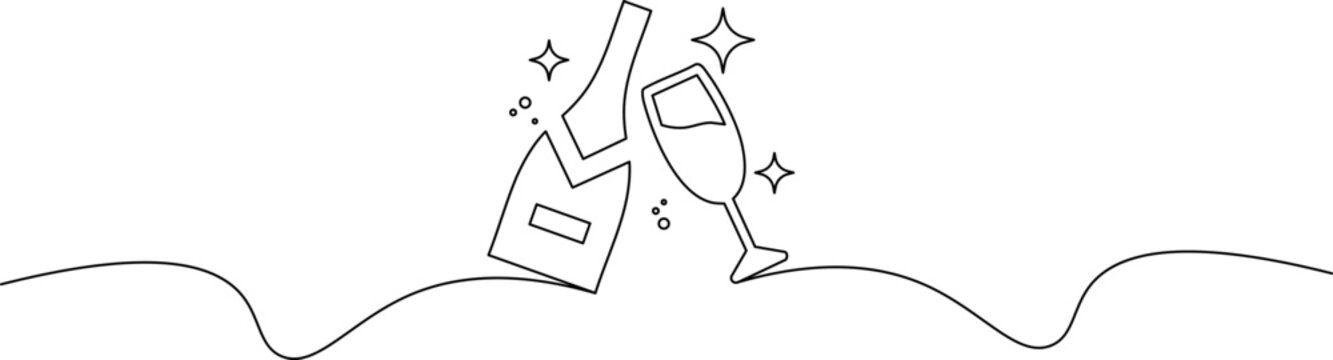 A minimalist line drawing of a champagne bottle and glass with sparkles