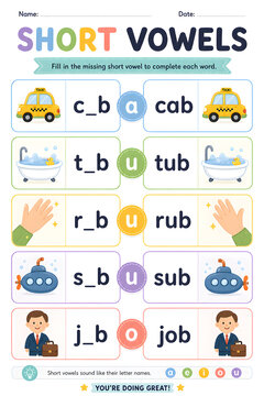 High-end short vowel cvc words kids worksheet with missing letters printable educational phonics grid worksheet