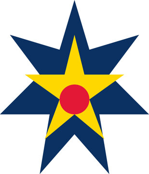 Minimalist geometric emblem featuring a blue seven pointed star yellow star and red circle illustration