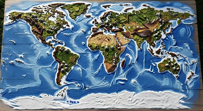 Detailed 3D Relief Map of the World with Topographic and Bathymetric Features.