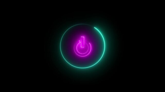 Glowing neon pink and cyan color power button icon animation technology shutdown screen turn on off button stop startup computer and mobile phone electric futuristic on black background 