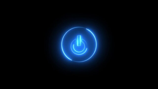 Glowing neon blue color power button icon animation technology shutdown screen turn on off button stop startup computer and mobile phone electric futuristic on black background 