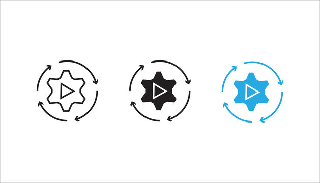 Minimal outline icon of a gear with play button and circular arrows representing process automation, workflow, system operation, media processing, and continuous execution.