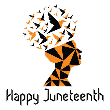Abstract geometric silhouette of human head with birds for Juneteenth