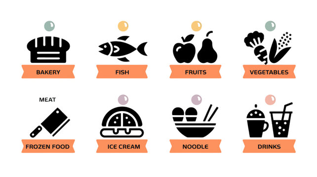 Minimalist grocery store section icons set featuring food categories like bakery fish fruits vegetables meat ice cream noodles and drinks for retail signage design
