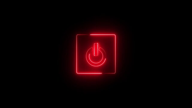 Glowing neon red color power button icon animation technology shutdown screen turn on off button stop startup computer and mobile phone electric futuristic on black background 