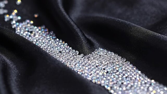 Close-up of black fabric with sparkling silver beaded trim.