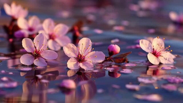 Blossoming Cherry Blossoms with Floating Petals, Cherry blossoms floating on water under a clear blue sky