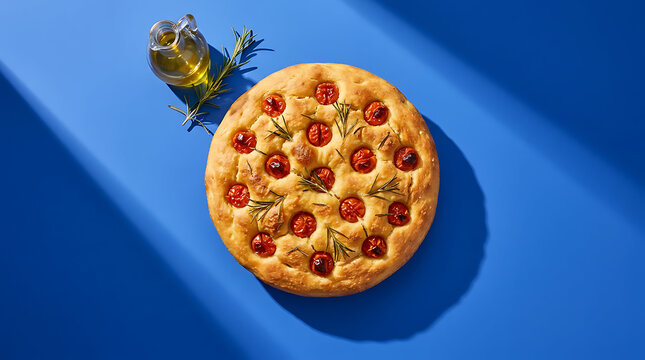Round focaccia bread with cherry tomatoes and rosemary in top view composition on blue background with olive oil for food banner or restaurant menu
