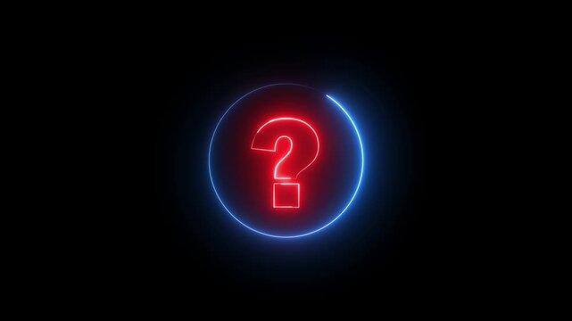 Glowing neon red and blue color question mark sign icon animation quiz confusion mark punctuation interrogative sign education exam sign symbol on black background