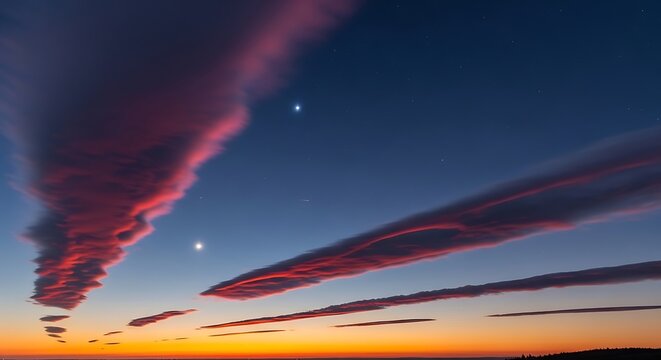 Vibrant sunset sky with red and purple contrails and stars