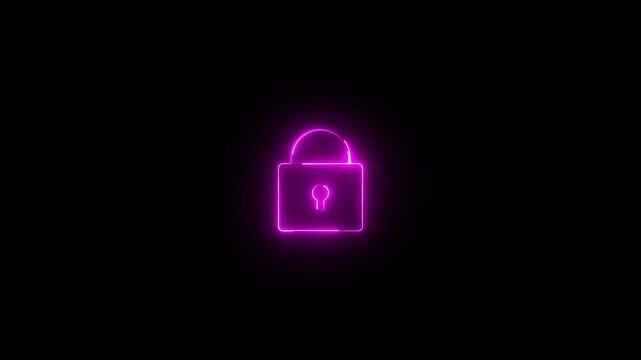Glowing neon pink color security lock icon animation encryption privacy protection secret padlock icon on black background