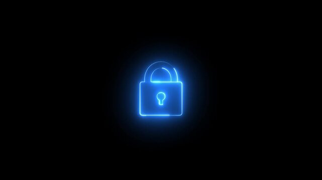 Glowing neon blue color security lock icon animation encryption privacy protection secret padlock icon on black background