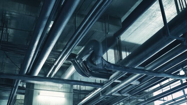 Industrial facility infrastructure with many pipes and conduits