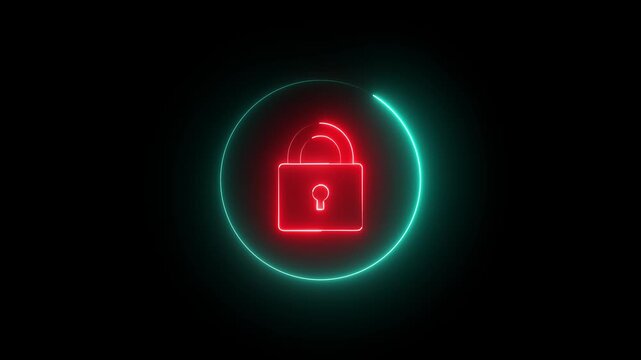 Glowing neon red and cyan color security lock icon animation encryption privacy protection secret padlock icon on black background