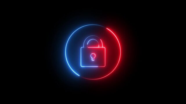 Glowing neon red and blue color security lock icon animation encryption privacy protection secret padlock icon on black background