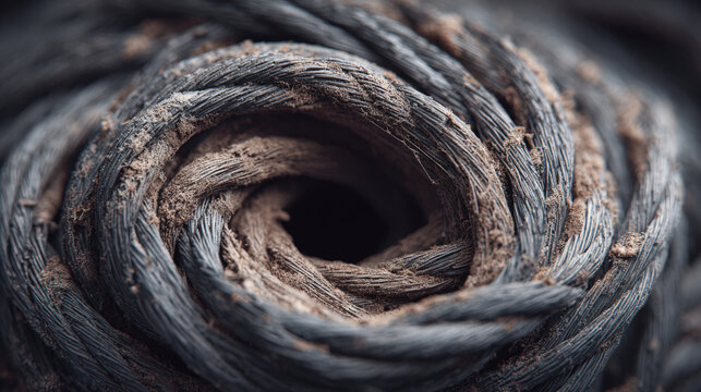 Braided wire rope steel cable metal strand industrial texture coiled cable close up Braided wire rope coil with dusty steel cable strands
