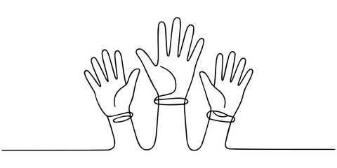 Fototapeta premium Three raised hands in one line art style. Drawing of hands with editable black stroke on white background. Vector illustration, One Line Drawing of Three Fists Representing Unity and Strength.
