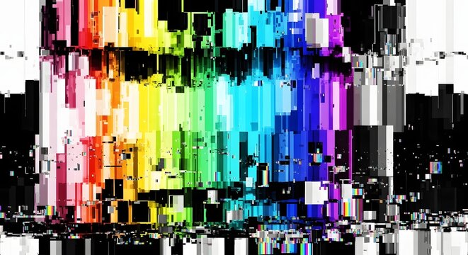 Abstract colorful glitch art background. Digital error and pixelated aesthetic. Vibrant rainbow spectrum distorted with blocky noise and technical interference on a black backdrop