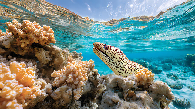 Moray eel emerging from coral in shallow water, dramatic form enhanced by natural light for a mysterious ocean scene.