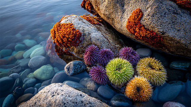 Sea urchins attached to tide pool rocks, showcasing vibrant textures and natural coastal detail in a clean minimalist shoreline scene.