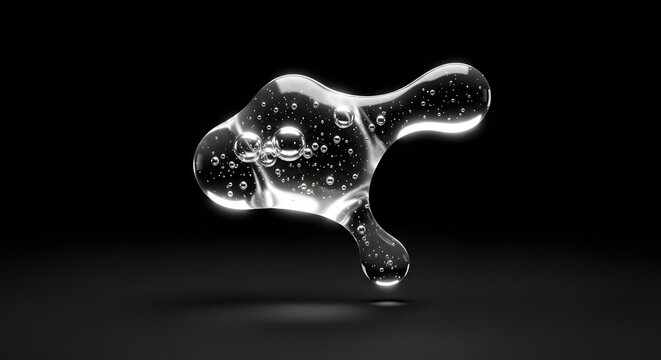 Transparent liquid blob with micro bubbles. Cosmetic serum and laboratory science. Floating clear gel drop isolated on black with light reflections and internal air textures