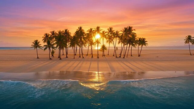 Serene sunset palm grove beach with golden horizon reflection trees