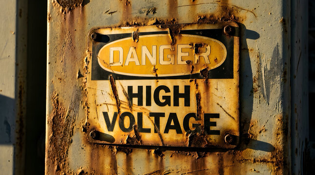Close-up of rusted danger high voltage sign with power lines weathered corrosion electricity industrial equipment electric