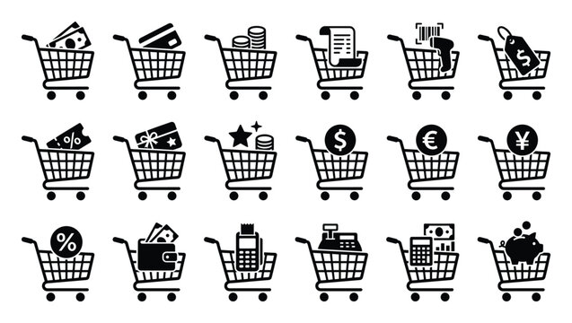 Universal shopping cart symbols depicting diverse payment processes and financial tools useful for web and mobile interfaces.