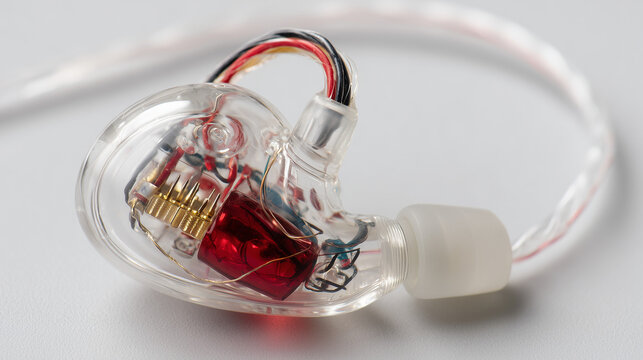 A detailed macro shot of a professional transparent in-ear monitor earphone, revealing the intricate internal drivers, gold-plated pins, and colorful wiring against a clean studio background