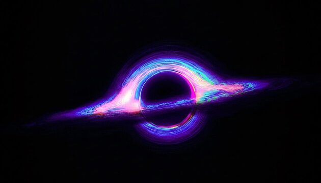A glowing vibrant black hole with a bright neon colorful accretion disk spinning in deep dark outer space representing a mysterious cosmic event