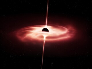 Quasar with a black hole in the center on a black background. Active nucleus of a galaxy absorbing matter in space. © Nazarii