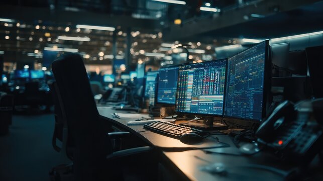 Trading desk with multiple monitors analyzing financial data