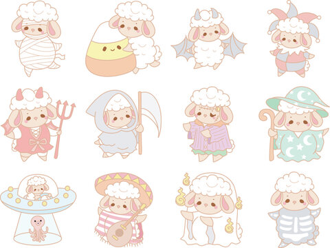 Cute sheep hand drawn emotes halloween icon