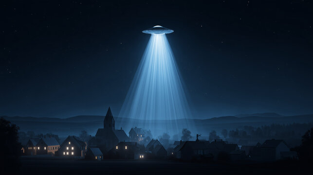 Cinematic science fiction scene of a mysterious UFO hovering over a quiet rural village at night, casting a powerful bright blue tractor beam down onto the small houses under a starry sky