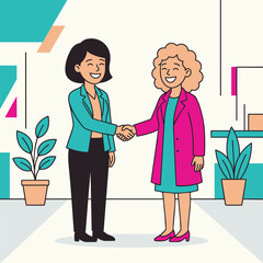 Obraz premium Two smiling women shaking hands in a modern office, partnership concept