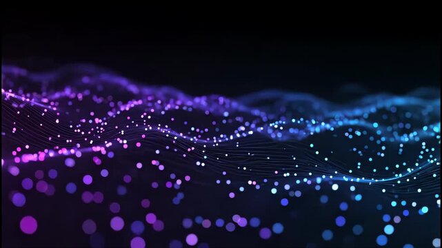 A futuristic abstract visualization depicts a flowing wave of interconnected glowing particles against a dark background, suggesting data streams and technological innovation.