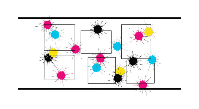 CMYK Ink Splatter on Paper Squares, Printing Error, Creative Design Element