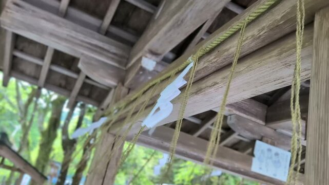 風に揺れる揺れる注連縄（しめなわ）と紙垂（しで）　日本、和風、旅行のイメージ素材
