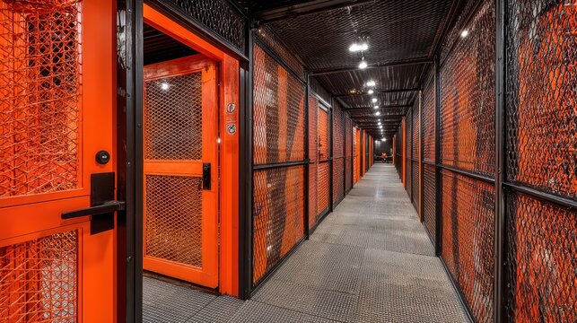 Modern industrial corridor with bright orange metal mesh partitions and black steel structure in a clean factory or warehouse