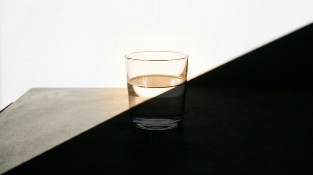 A simple glass of water on a table, perfectly split by a beam of light and a heavy shadow right at the water line. A visual representation of optimism vs. pessimism (glass half full/empty).