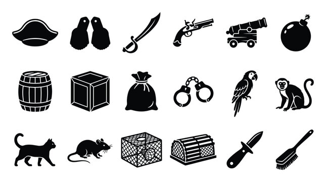 Pirate icons with weapons, ship tools, animals, and supplies for historical themed projects.