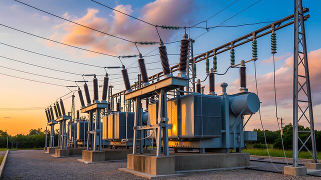 Electrical power substation infrastructure with transformers and transmission system at sunset