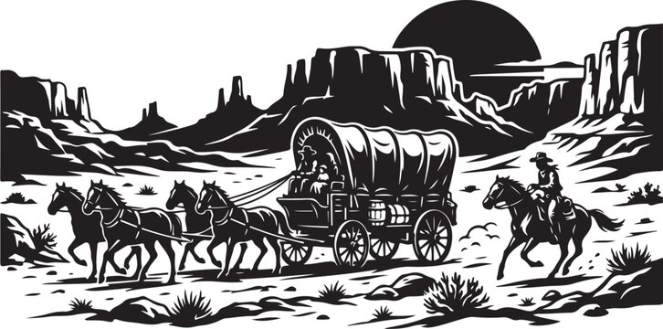 Western, cowboy, horse-drawn, wagon vector, black and white illustration, desert landscape, wild west